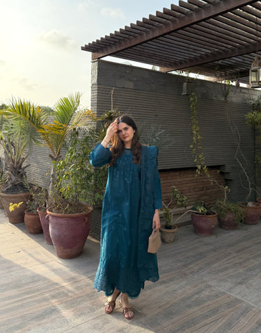 3 Piece Cotton Embroidered Dress - Teal Whisper